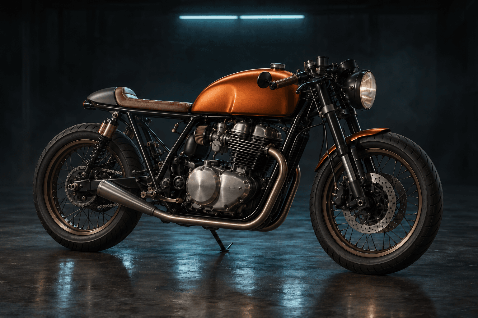 Illustrative copper café racer concept in a dark studio